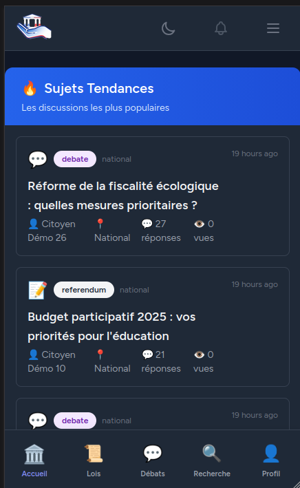Capture d'écran de l'interface mobile de CivicDash