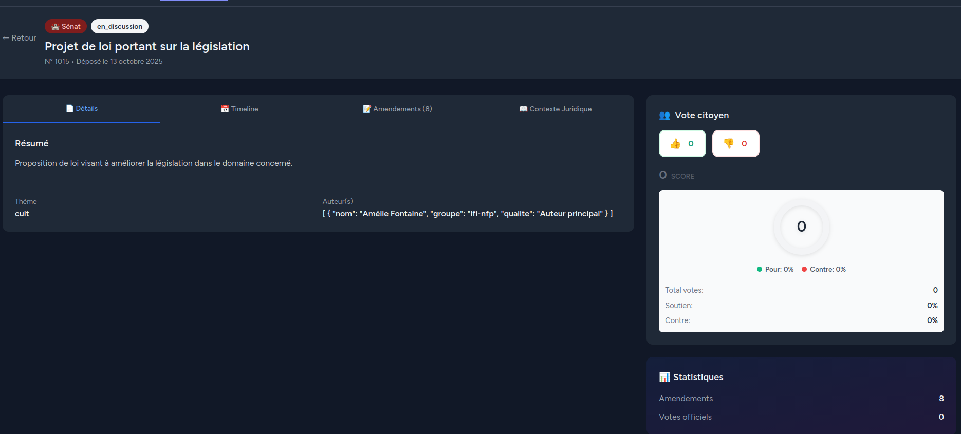 Capture d'écran d'un scrutin avec options de vote